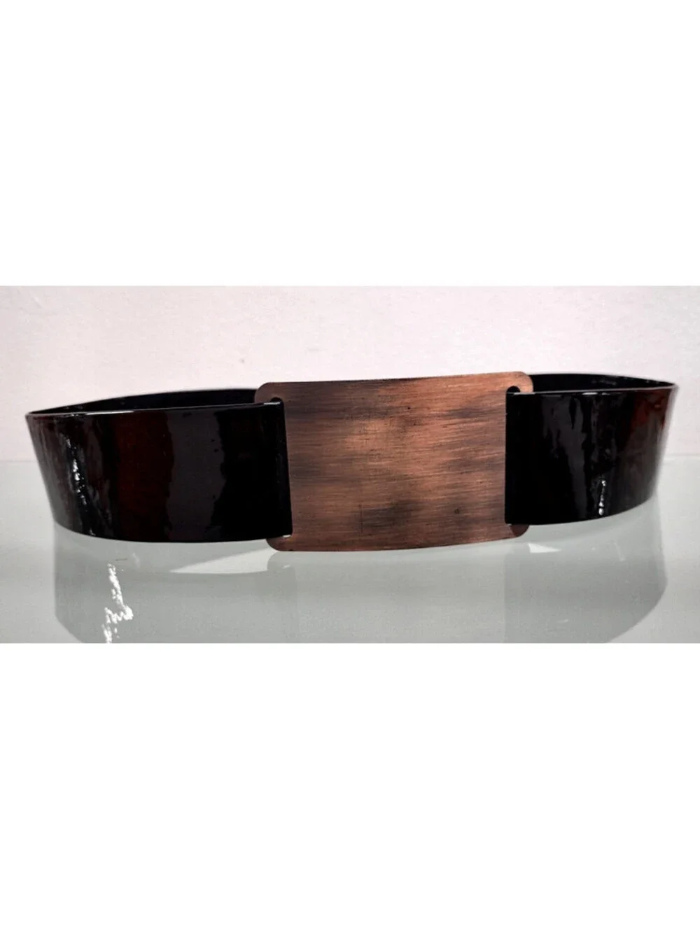 Black Patent Leather Belt Cinch Waist 28 Mod Pleather Vinyl Copper Wide Buckle